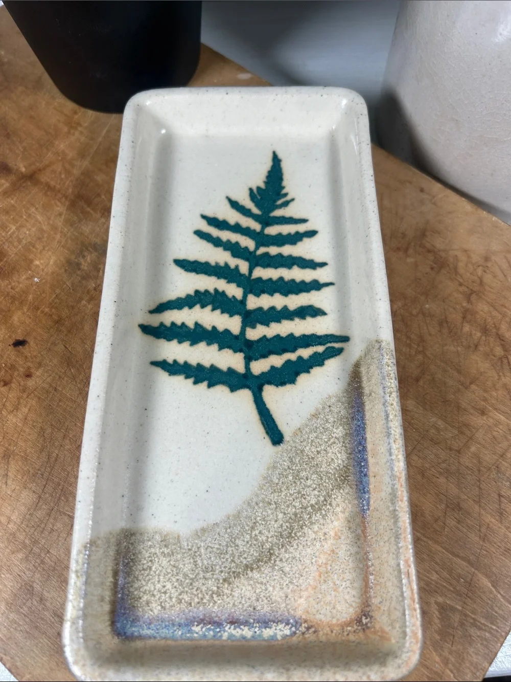 Stoneware Butter Dish Studio Pottery Handmade w/ Green Fern Motif Artist Signed